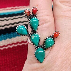 Southwest Sterling Silver Prickly Pear Cactus Ring Turquoise & Coral Size 6